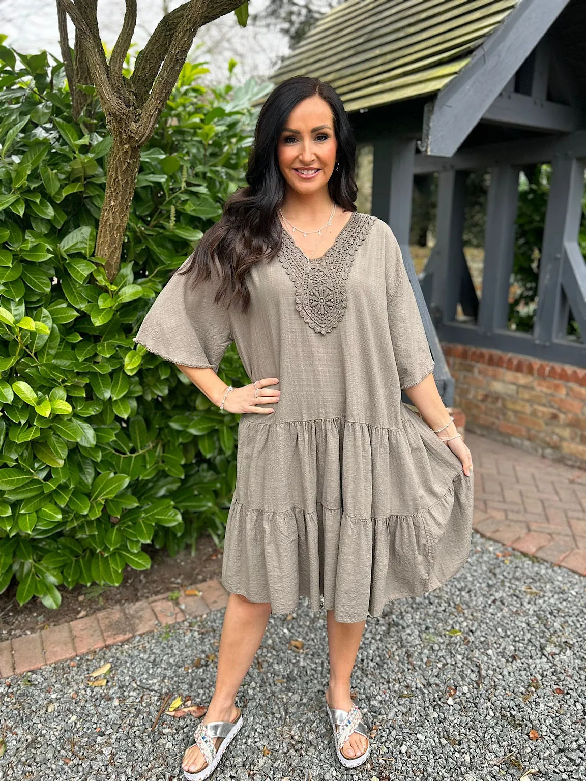 Mocha Crochet Tiered Tunic Dress Brenda