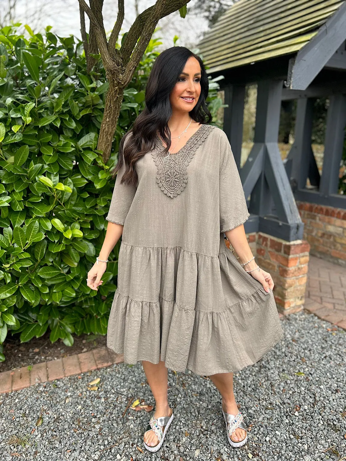 Mocha Crochet Tiered Tunic Dress Brenda