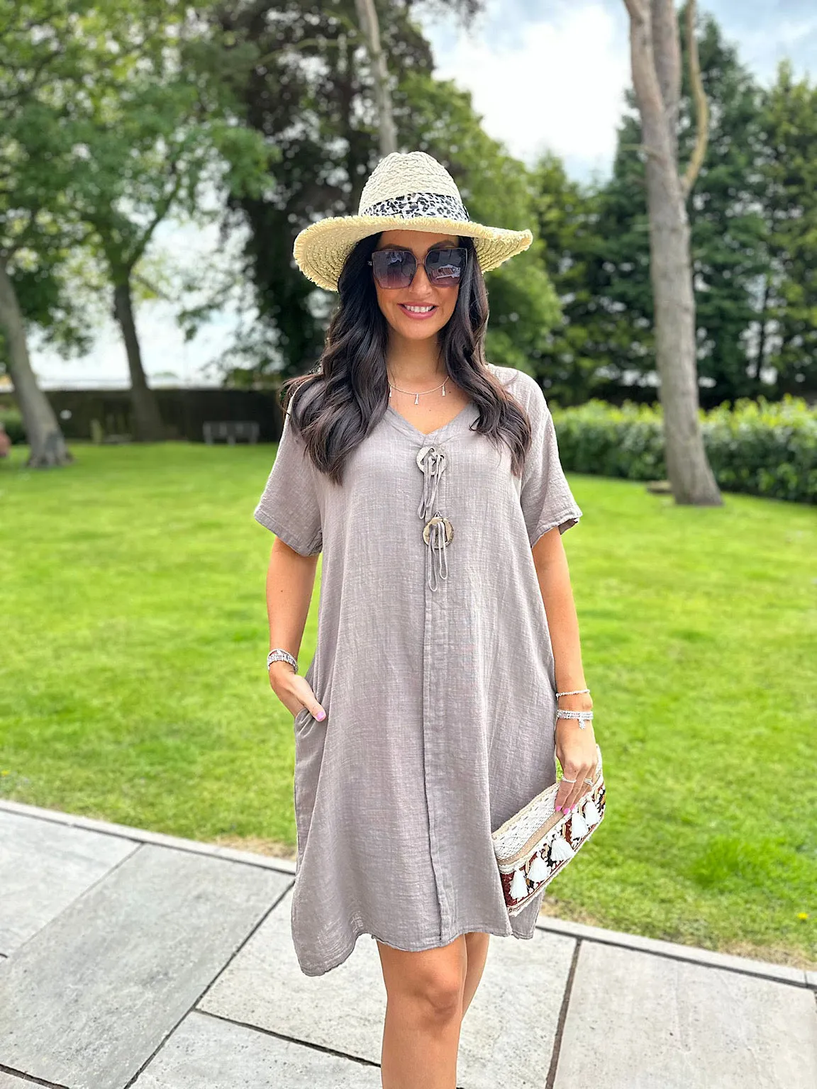 Mocha V Neck Button Tunic Dress Sandra