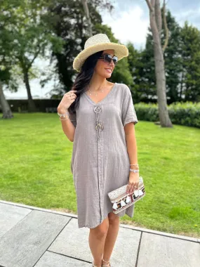 Mocha V Neck Button Tunic Dress Sandra