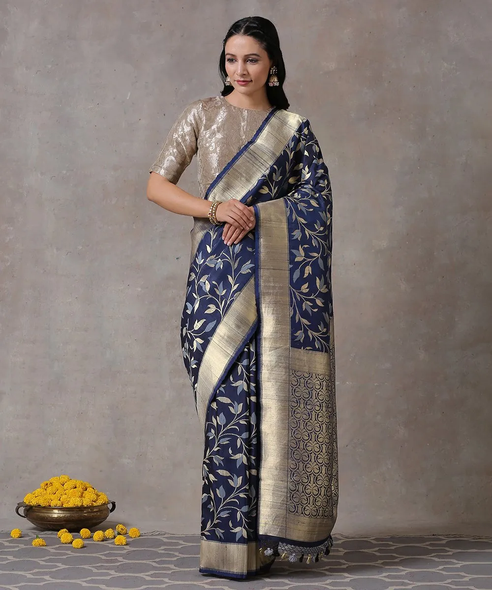 Navy Blue Handloom Katan Silk Banarasi Saree with Tusser Jangla and Gold Border