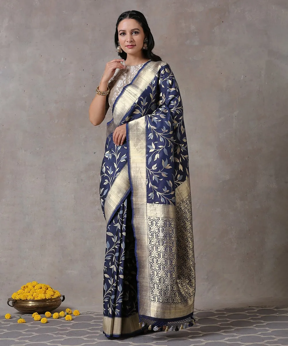 Navy Blue Handloom Katan Silk Banarasi Saree with Tusser Jangla and Gold Border