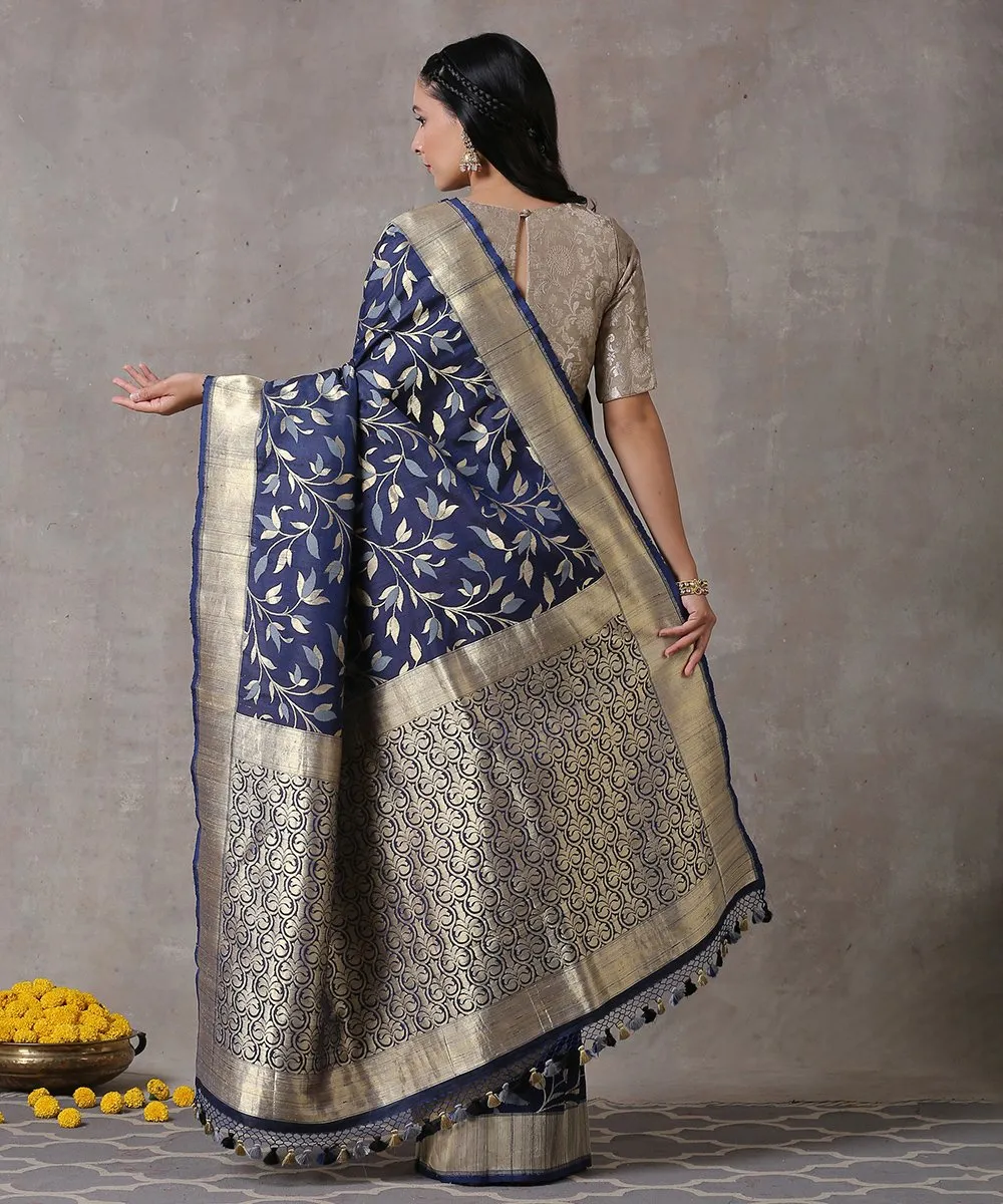 Navy Blue Handloom Katan Silk Banarasi Saree with Tusser Jangla and Gold Border