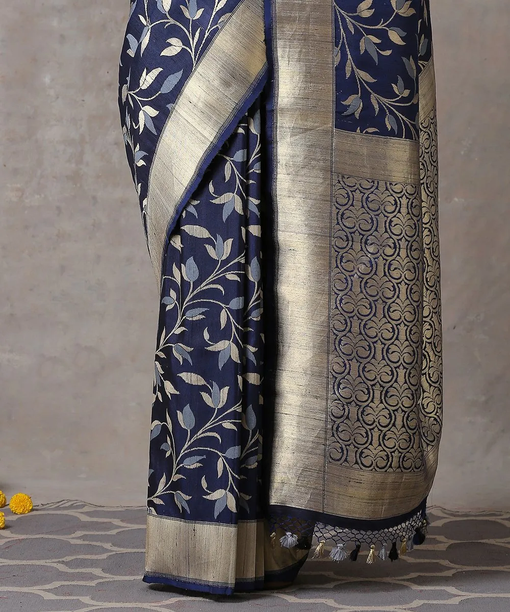 Navy Blue Handloom Katan Silk Banarasi Saree with Tusser Jangla and Gold Border