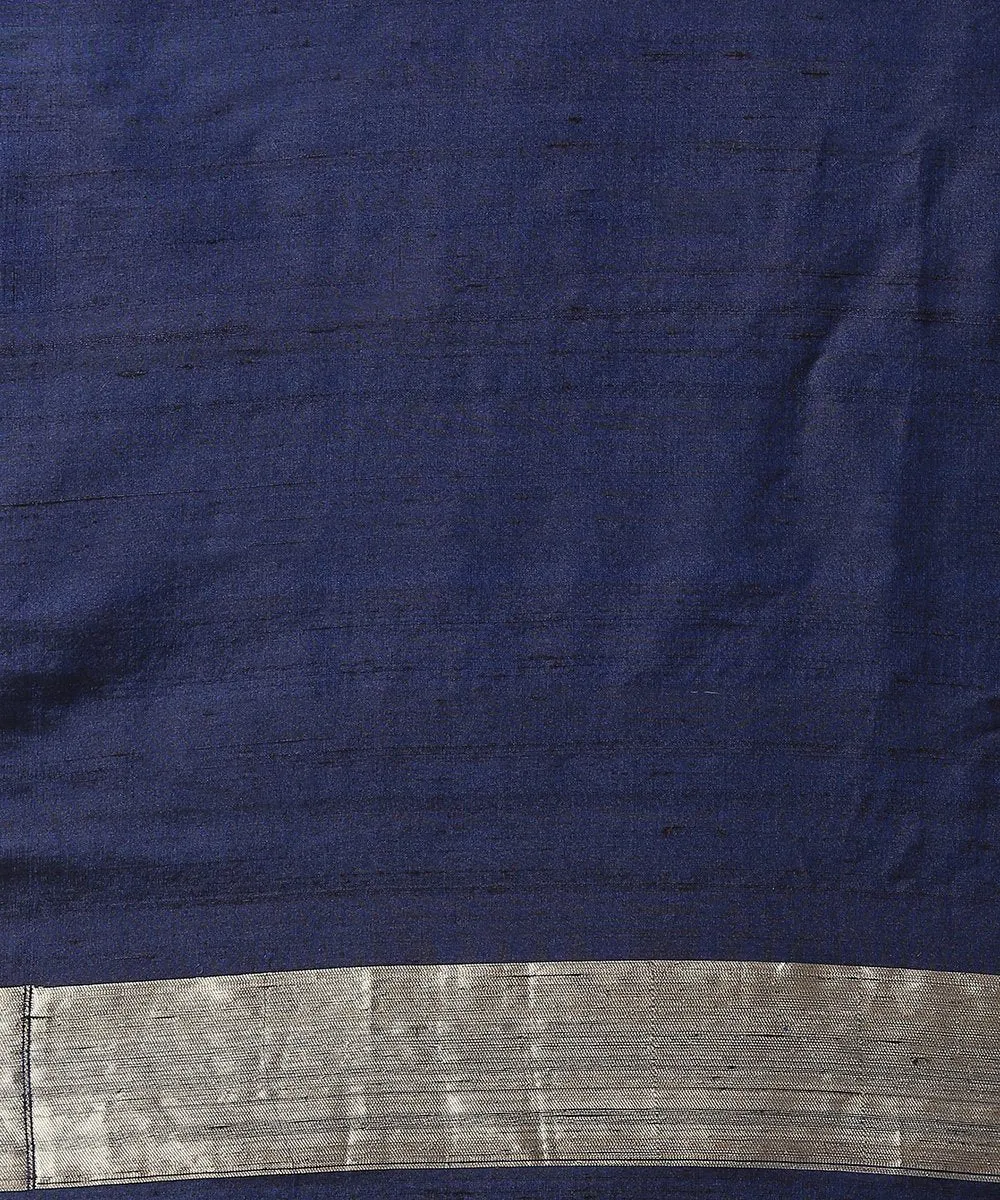 Navy Blue Handloom Katan Silk Banarasi Saree with Tusser Jangla and Gold Border