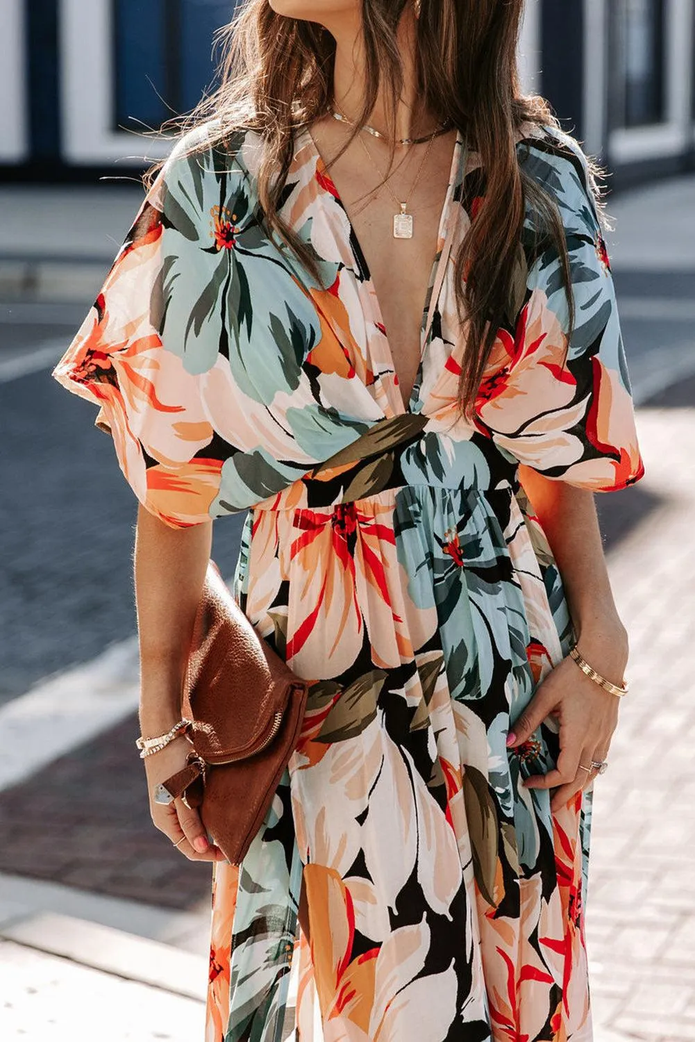 Orange Floral Kimono Long Dress