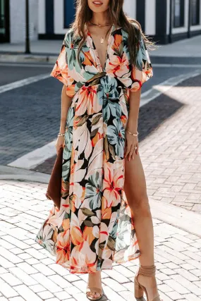 Orange Floral Kimono Long Dress