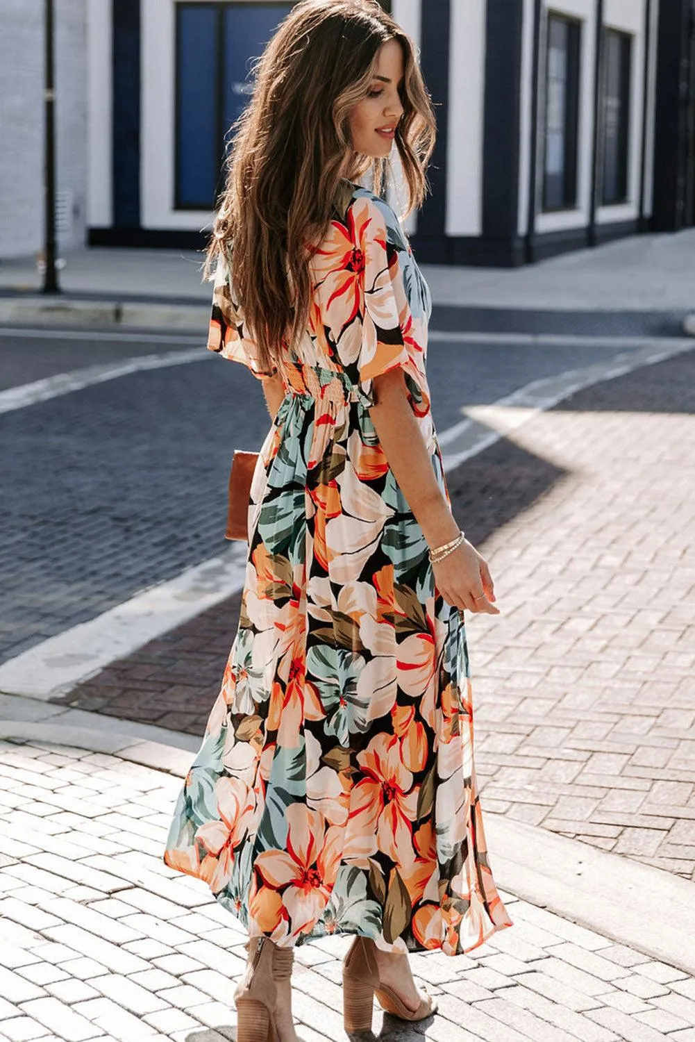 Orange Floral Kimono Long Dress