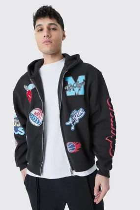 Oversized Boxy Zip Through Varsity Badge Hoodie