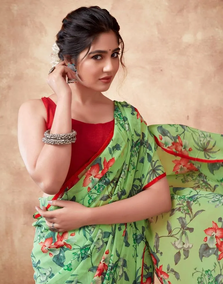 Parrot Green Georgette Printed Sarees