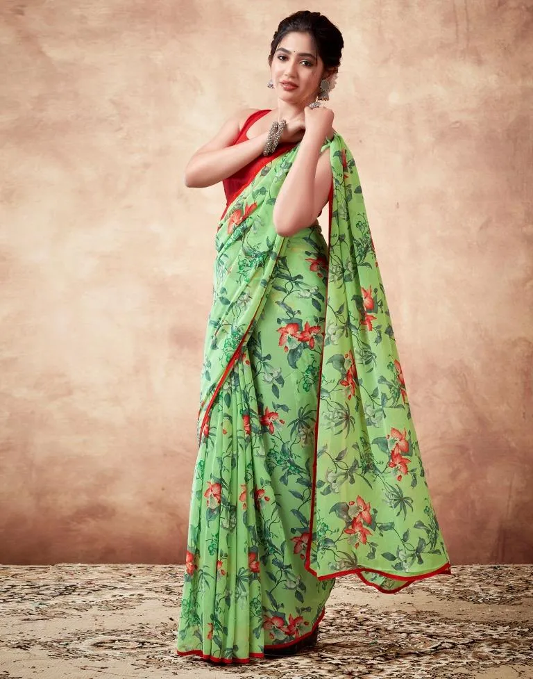 Parrot Green Georgette Printed Sarees