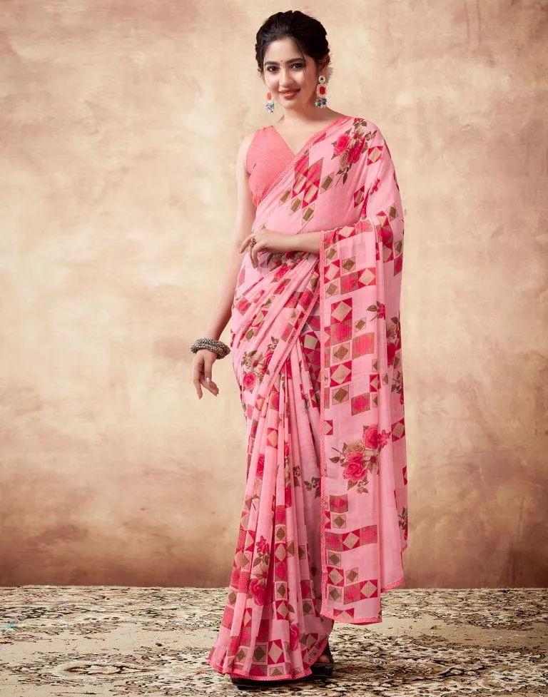 Peach Georgette Printed Sarees