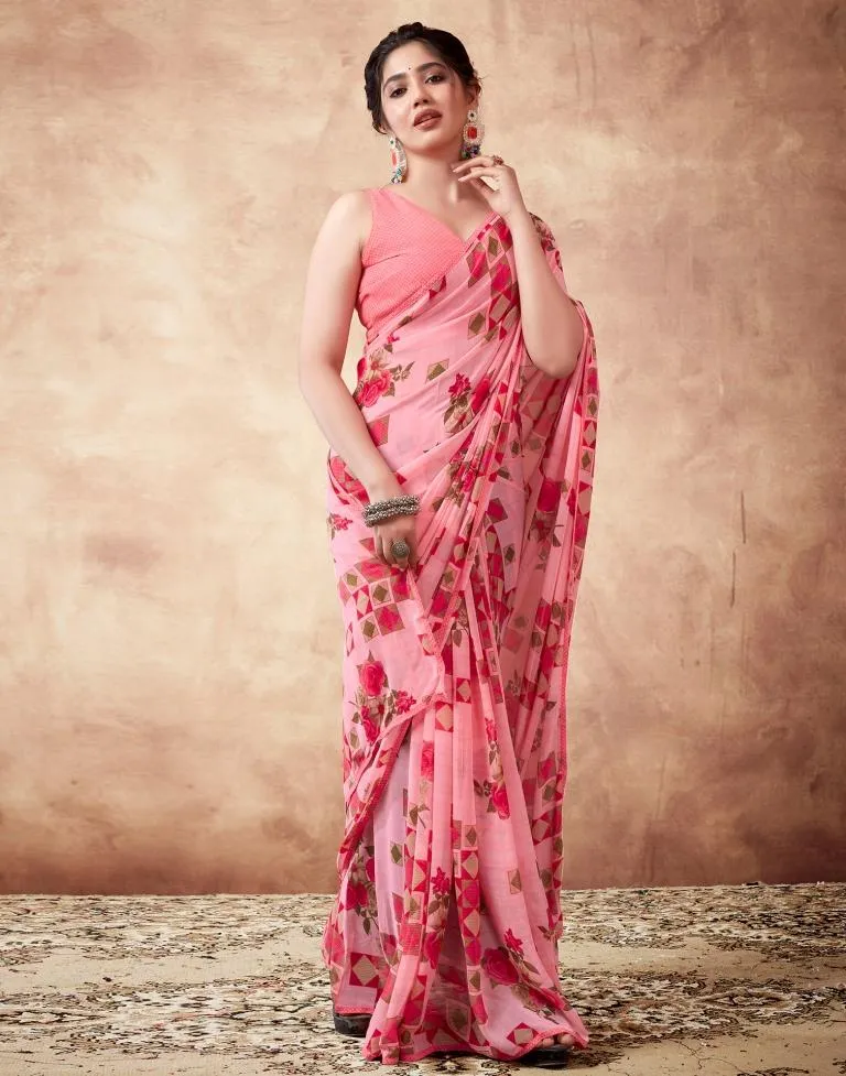 Peach Georgette Printed Sarees