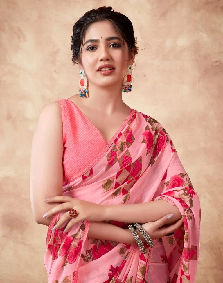 Peach Georgette Printed Sarees