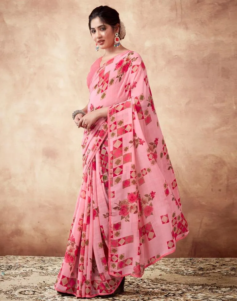 Peach Georgette Printed Sarees