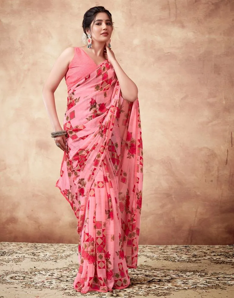 Peach Georgette Printed Sarees