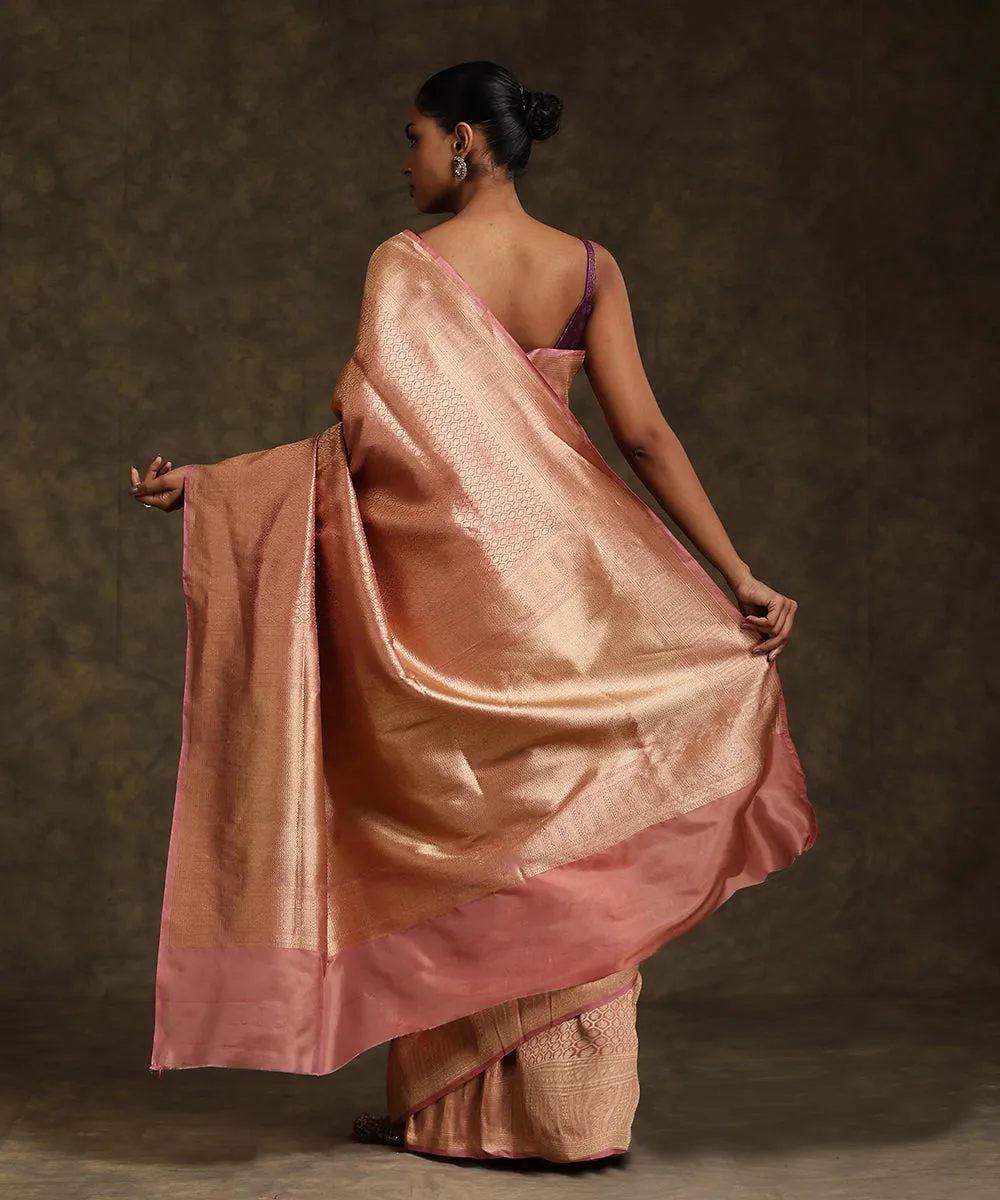 Peach Handloom Pure Katan Silk Kimkhab Banarasi Saree