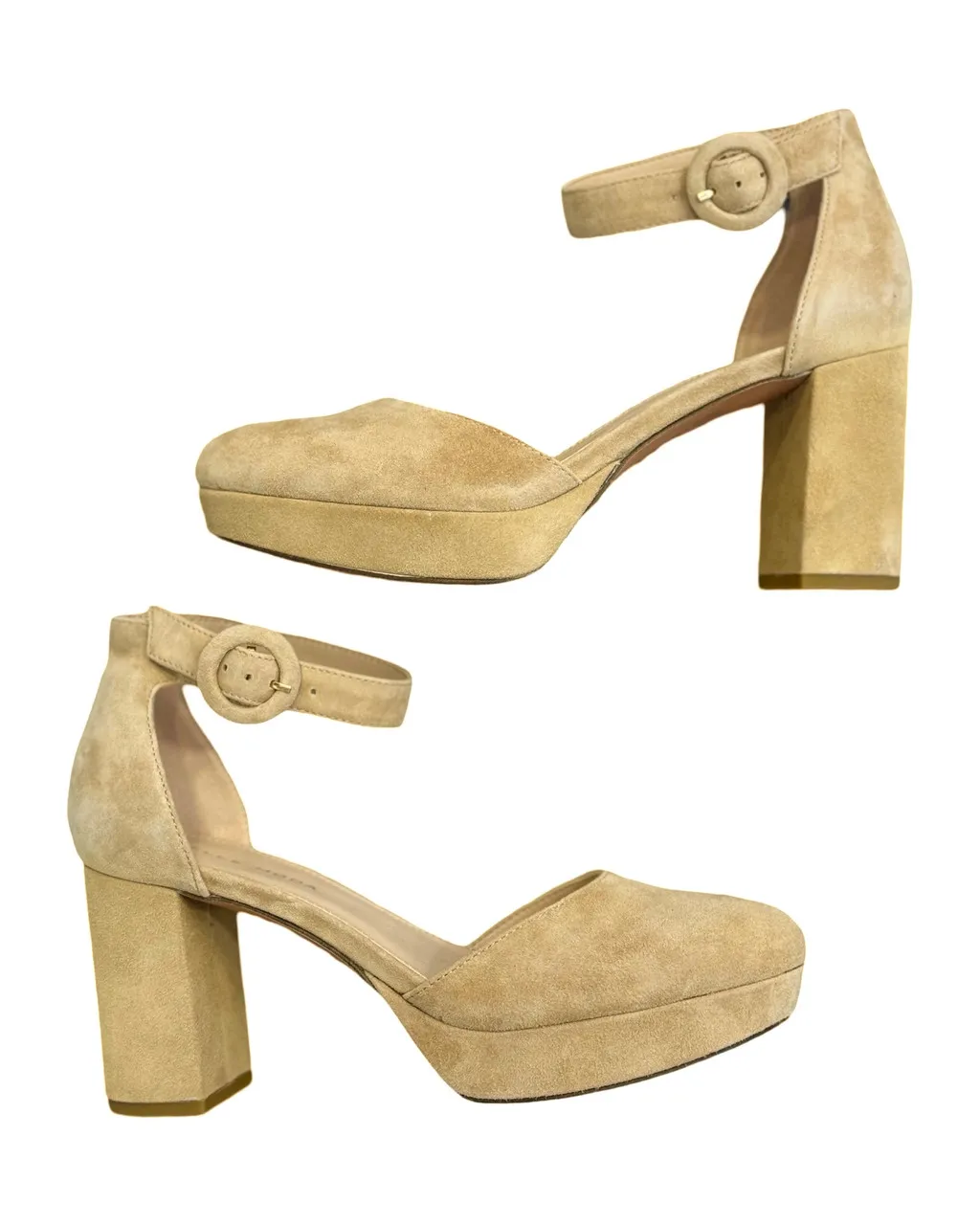 Pelle Moda Lenor Block Heel Platform Pump- Latte Suede