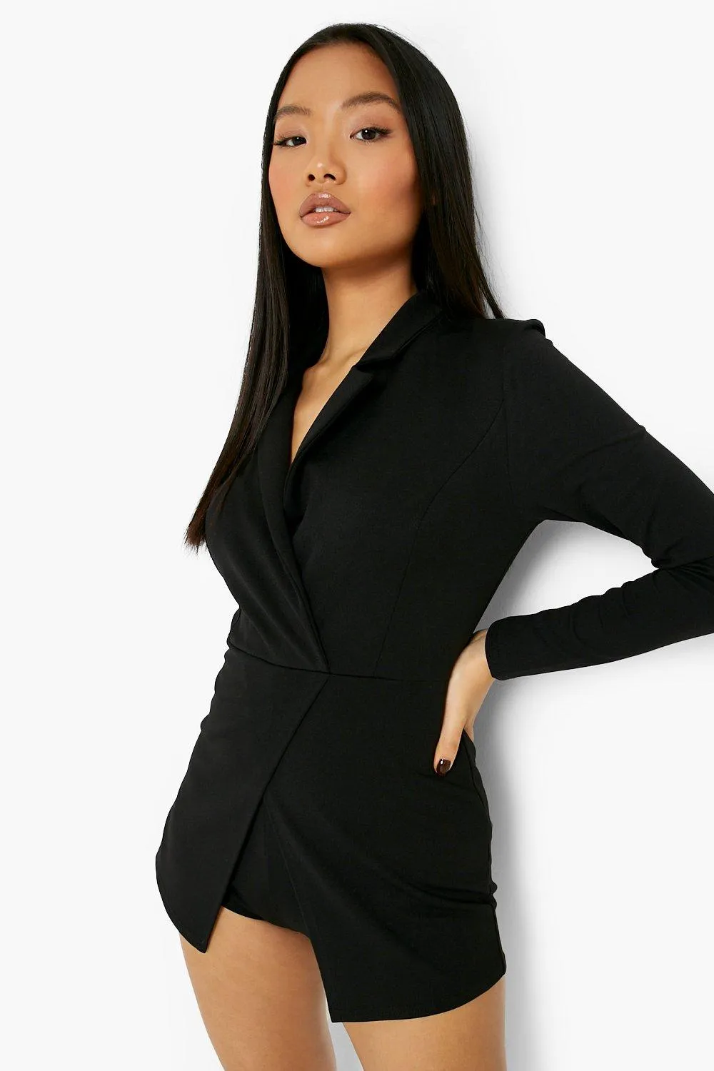 Petite Long Sleeve Wrap Blazer Romper