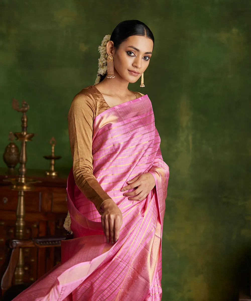 Pink Handloom Pure Silk Kanjivaram Saree With Gold Zari Checks