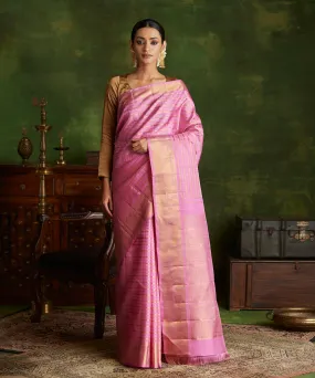 Pink Handloom Pure Silk Kanjivaram Saree With Gold Zari Checks