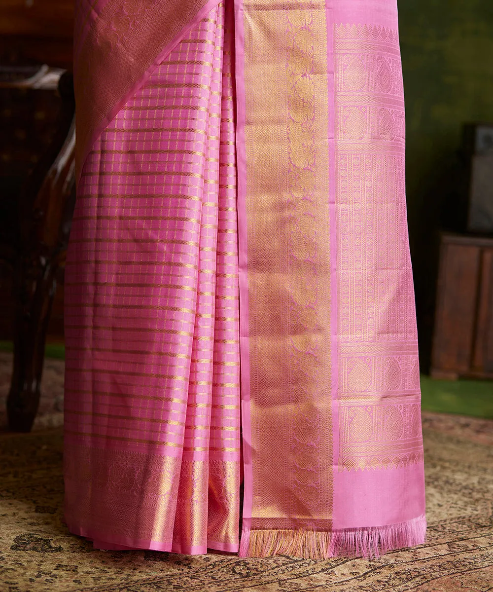 Pink Handloom Pure Silk Kanjivaram Saree With Gold Zari Checks