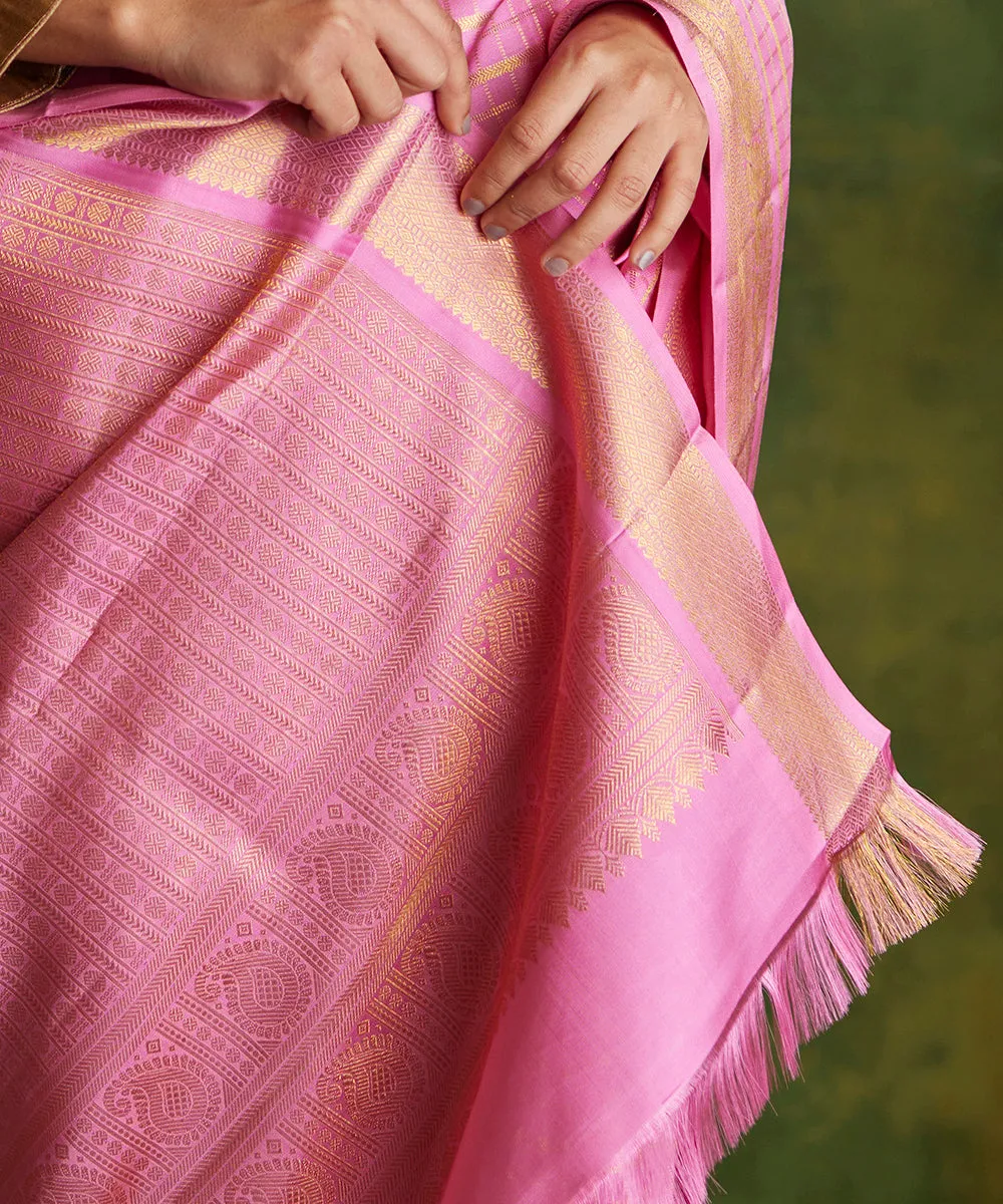 Pink Handloom Pure Silk Kanjivaram Saree With Gold Zari Checks