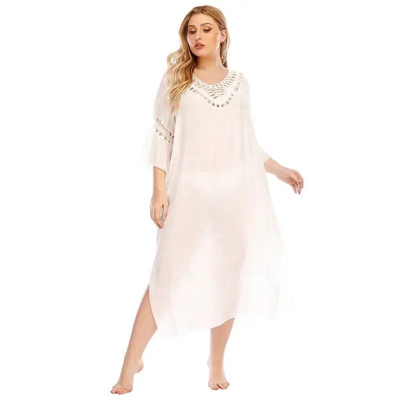 Plus Size White Beach Cover Up Summer Dress Cotton Tunic Beach Kaftan Women Beachwear Backless Swimsuit Cover Up Robe de plage B