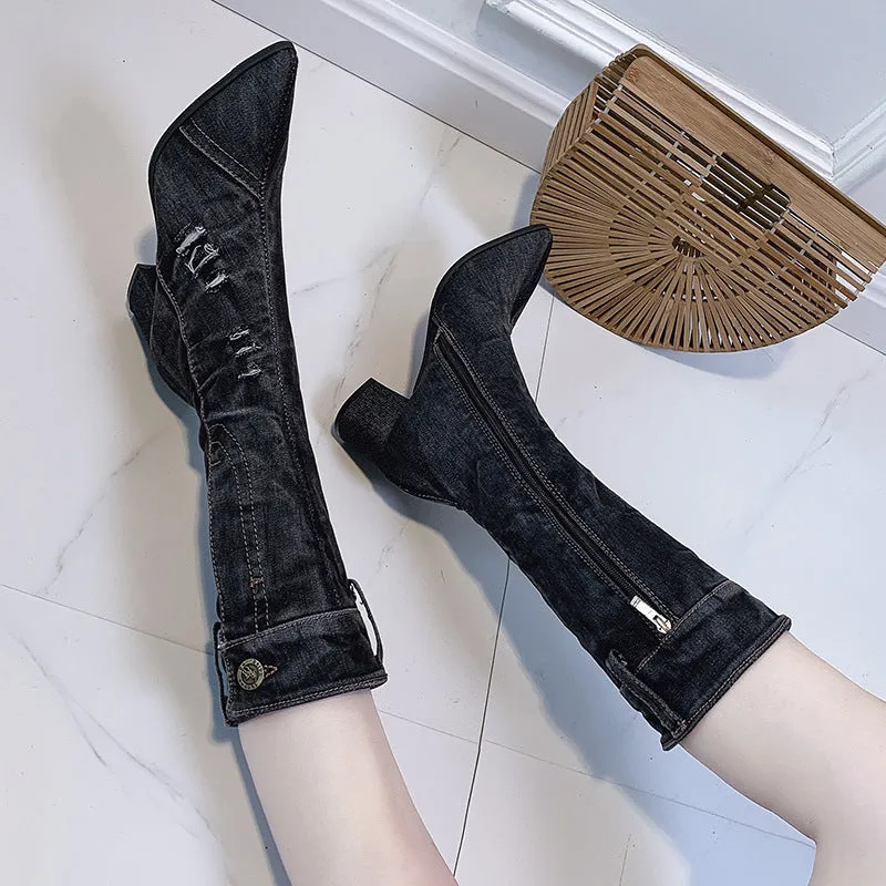 Pointed Toe Thick Heel Denim High Boots For Women