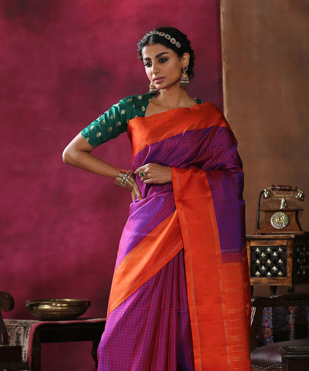 Purple Handloom Checks Pure Silk Kanjivaram Saree With Orange Border