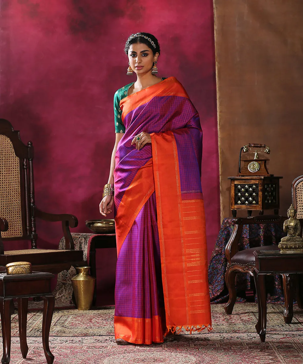 Purple Handloom Checks Pure Silk Kanjivaram Saree With Orange Border