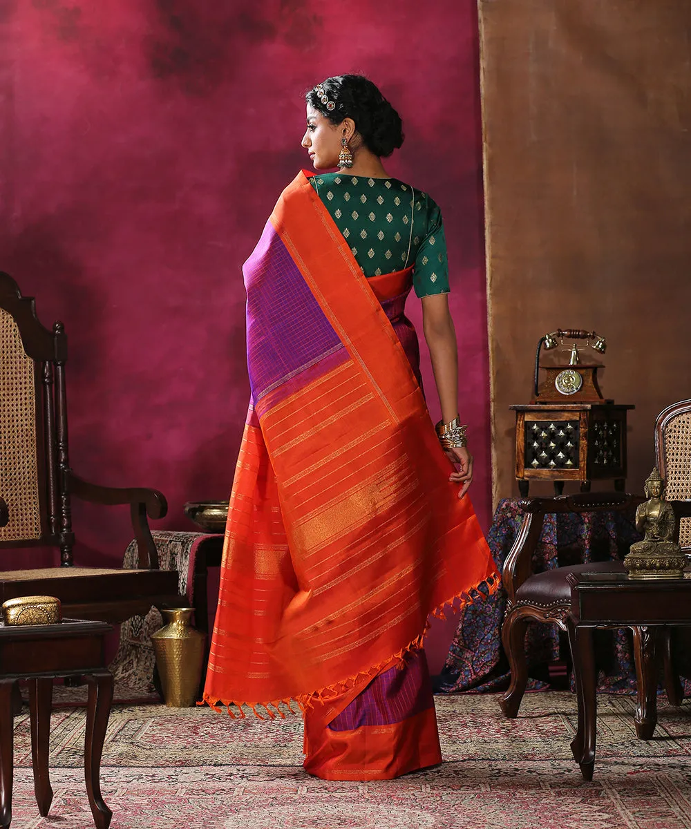 Purple Handloom Checks Pure Silk Kanjivaram Saree With Orange Border