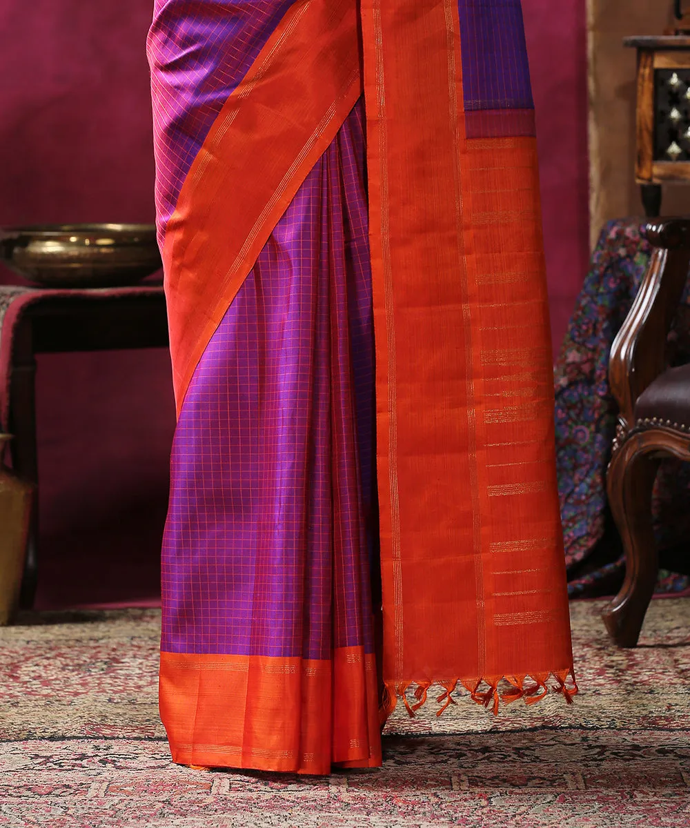 Purple Handloom Checks Pure Silk Kanjivaram Saree With Orange Border