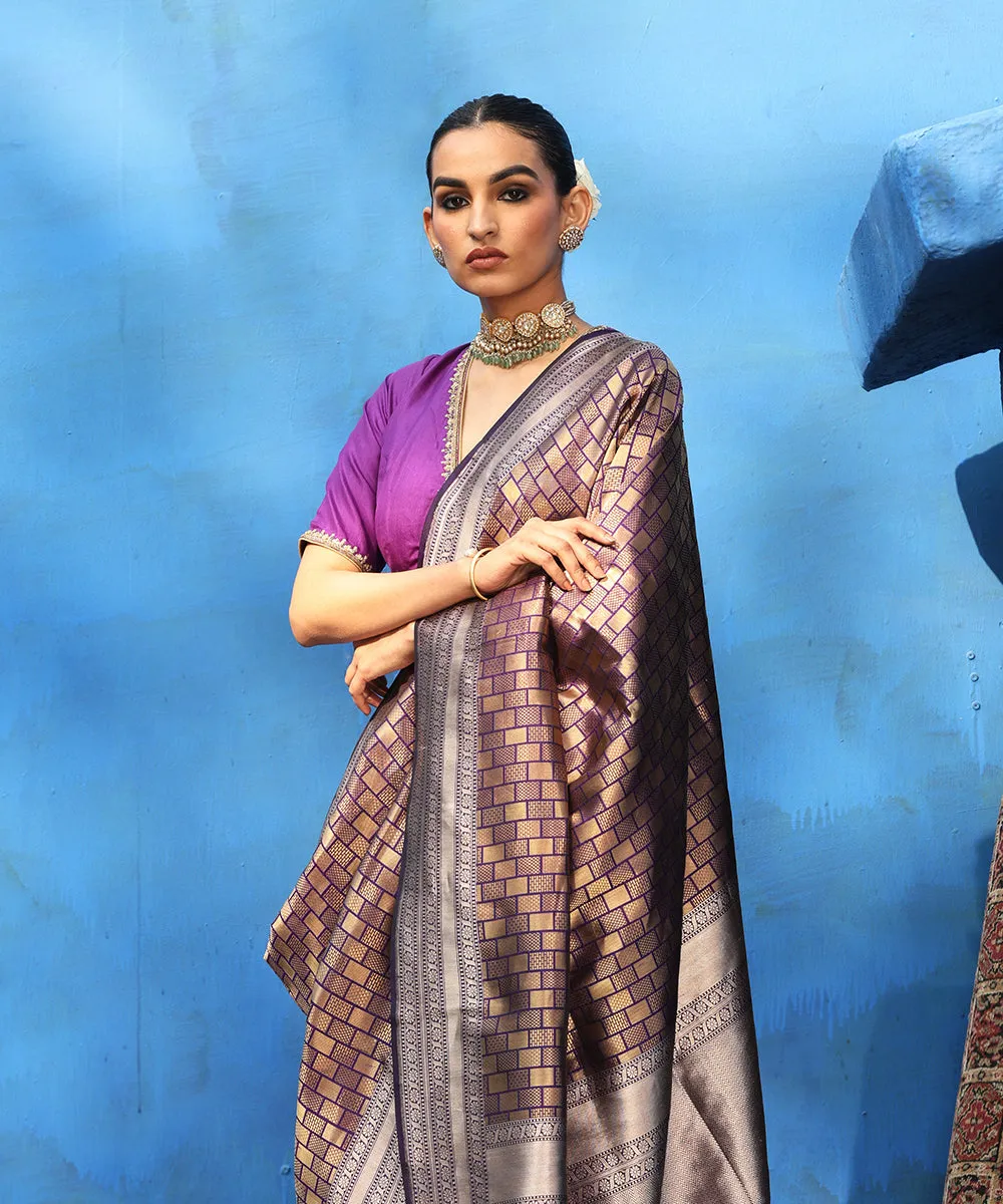 Purple Handloom Pure Katan Silk Antique Zari Kimkhab Banarasi Saree