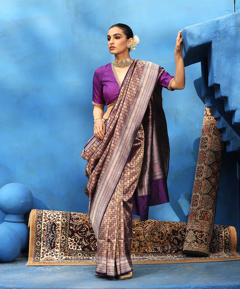 Purple Handloom Pure Katan Silk Antique Zari Kimkhab Banarasi Saree