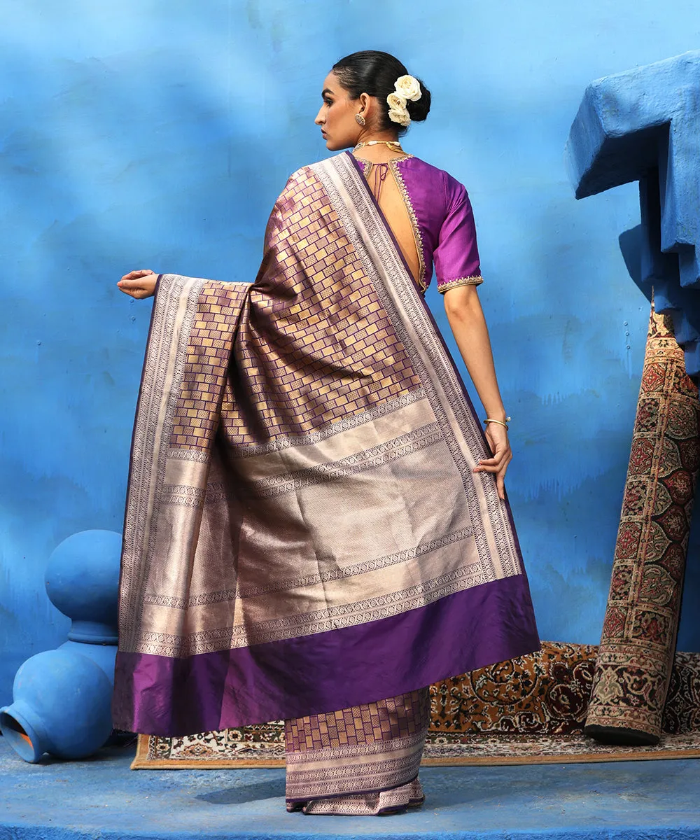 Purple Handloom Pure Katan Silk Antique Zari Kimkhab Banarasi Saree