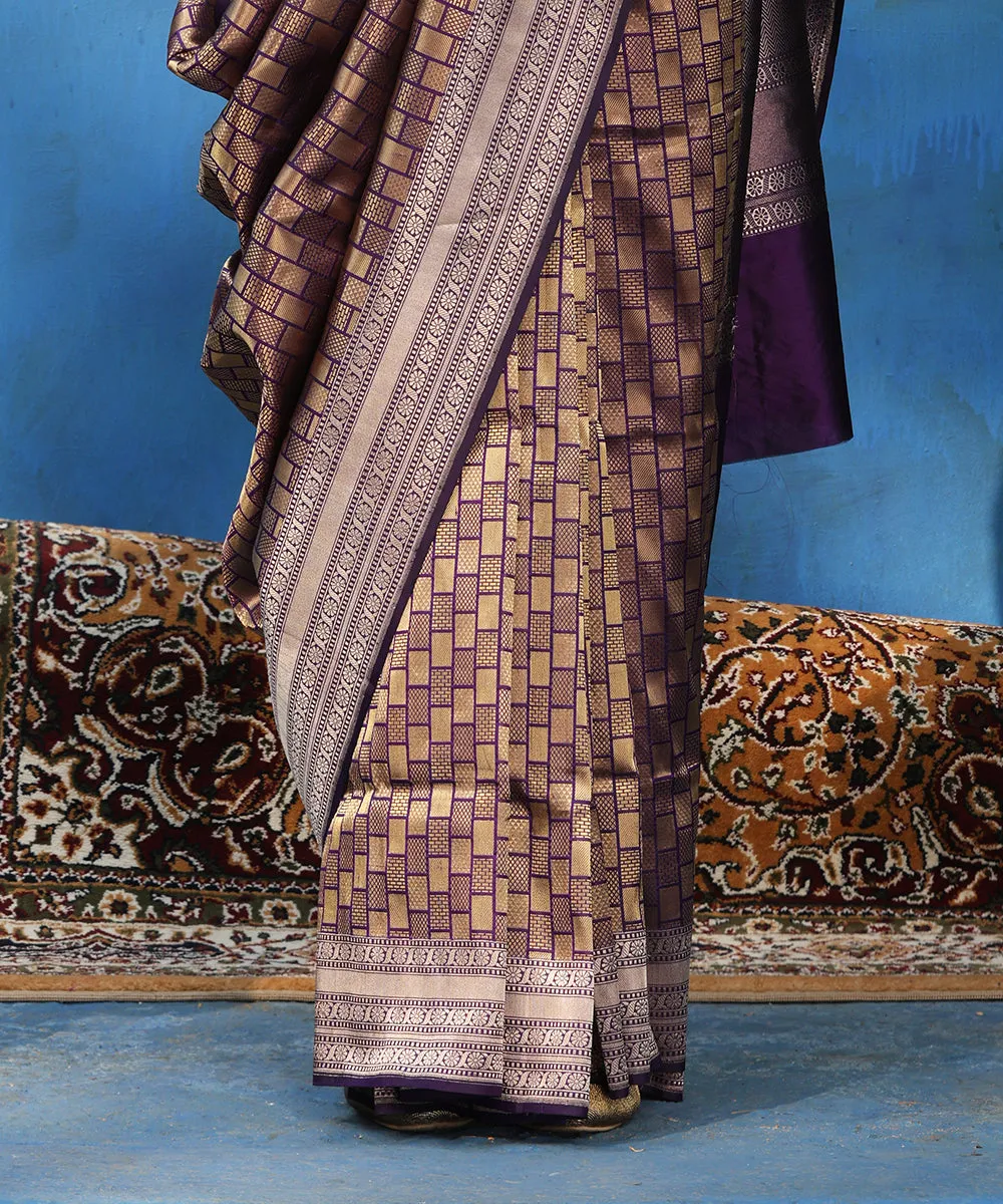 Purple Handloom Pure Katan Silk Antique Zari Kimkhab Banarasi Saree