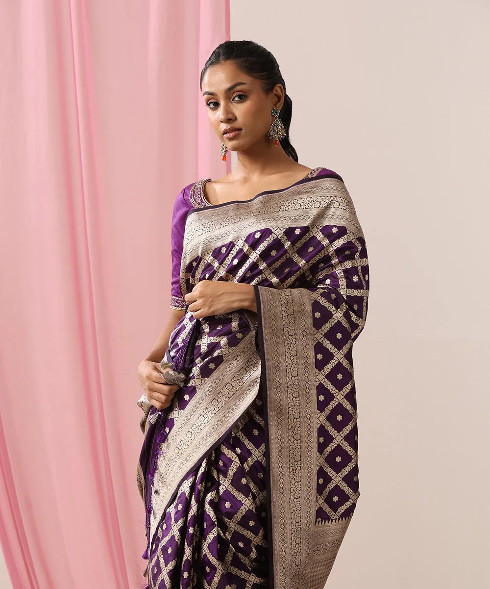 Purple Handloom Pure Katan Silk Banarasi Saree With Chowkadi Jaal