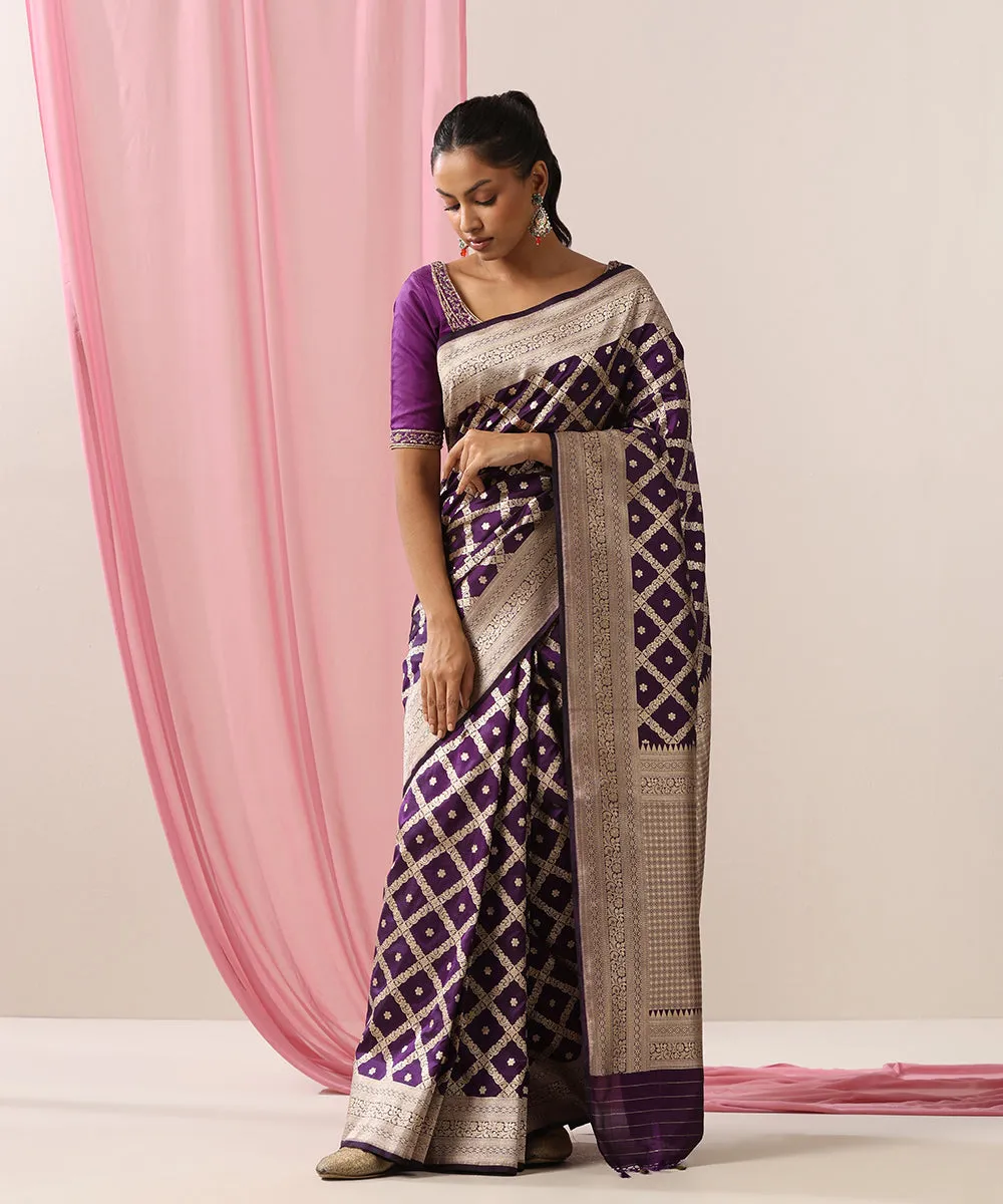 Purple Handloom Pure Katan Silk Banarasi Saree With Chowkadi Jaal