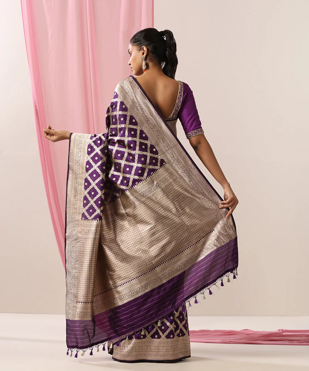 Purple Handloom Pure Katan Silk Banarasi Saree With Chowkadi Jaal