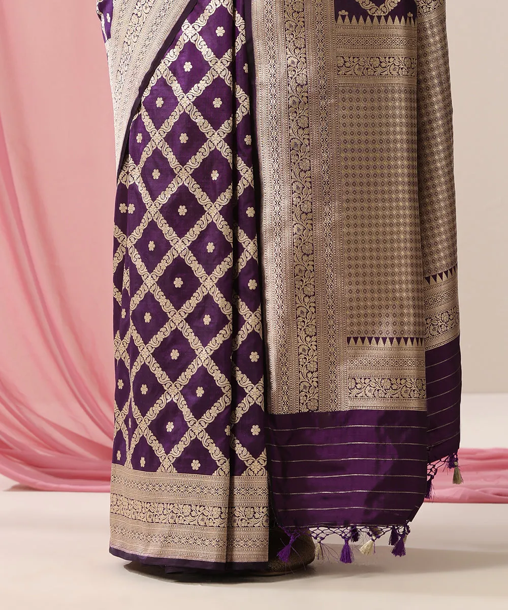 Purple Handloom Pure Katan Silk Banarasi Saree With Chowkadi Jaal