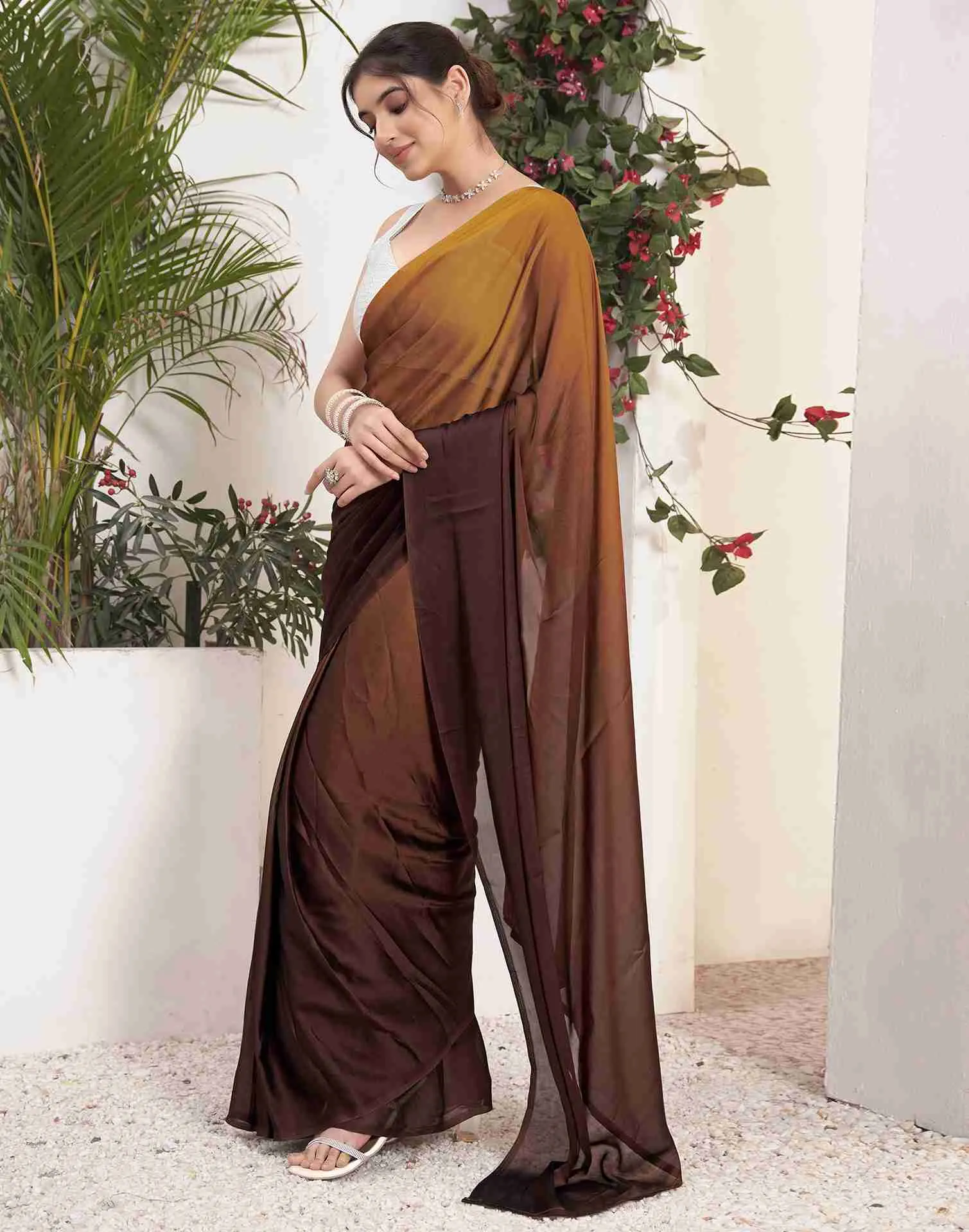 Ready To Wear Brown Georgette Plain Saree