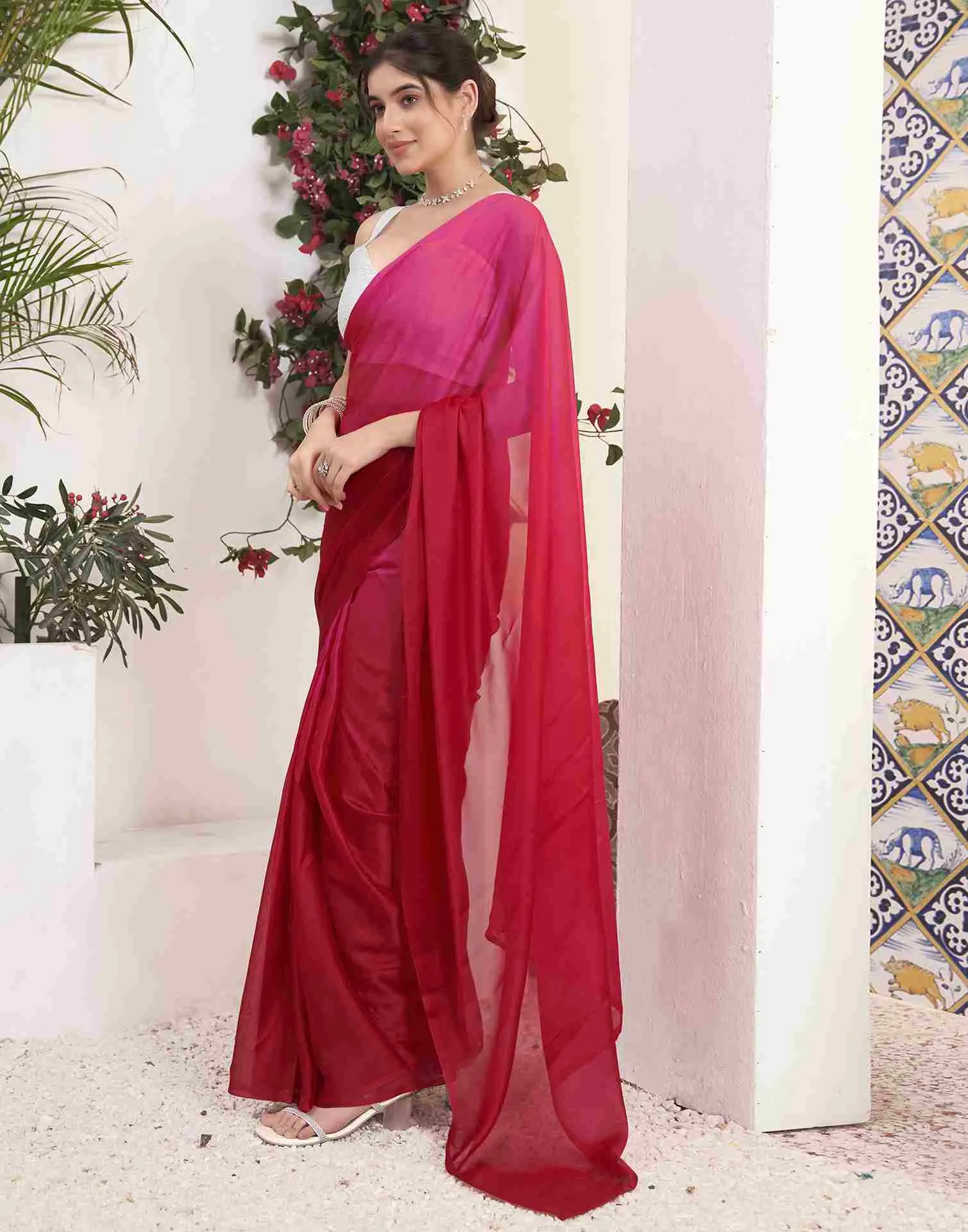 Ready To Wear Red Georgette Plain Saree