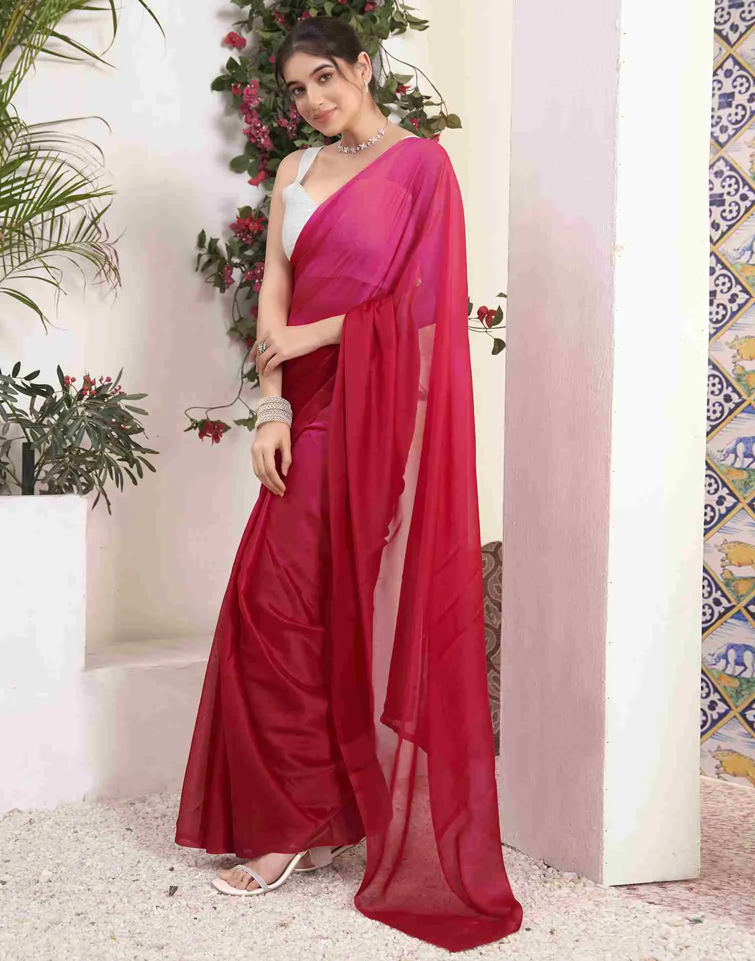 Ready To Wear Red Georgette Plain Saree