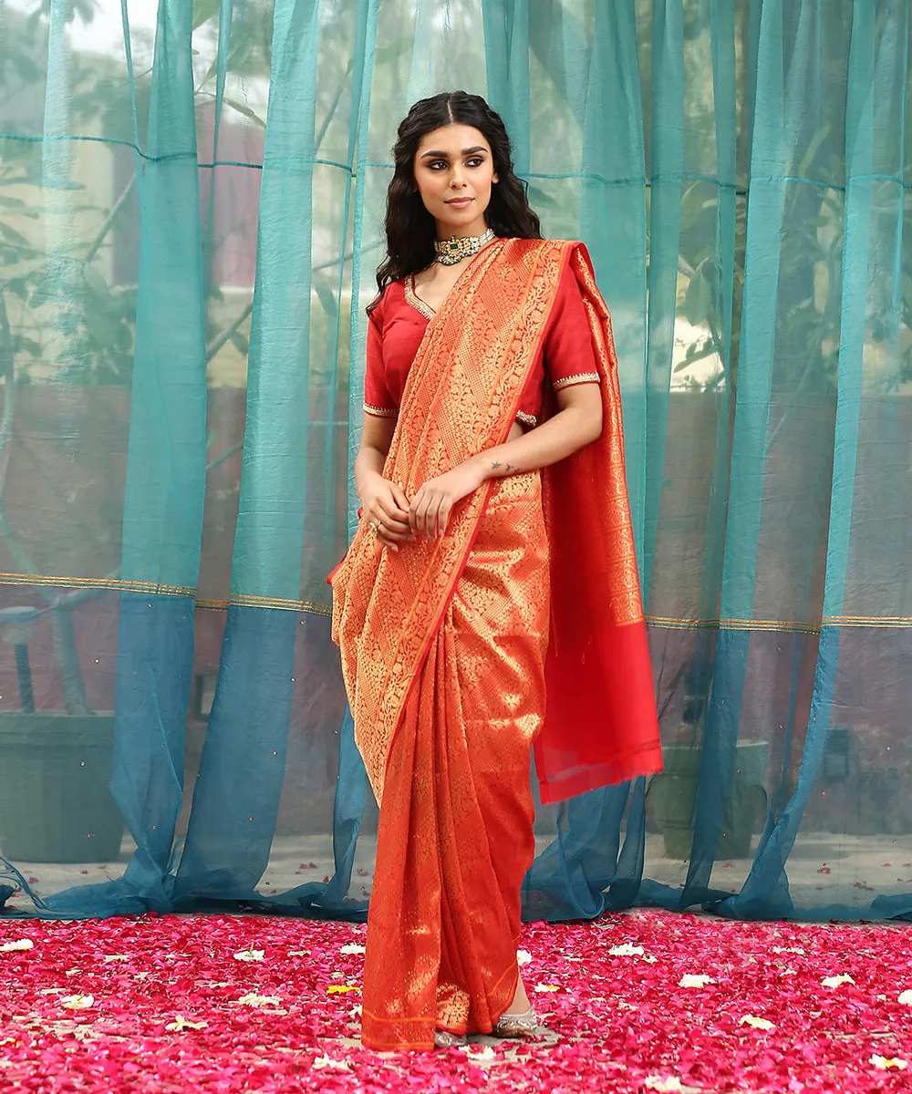 Red Handloom Pure Katan Silk Kimkhab Banarasi Saree With Yellow Blouse