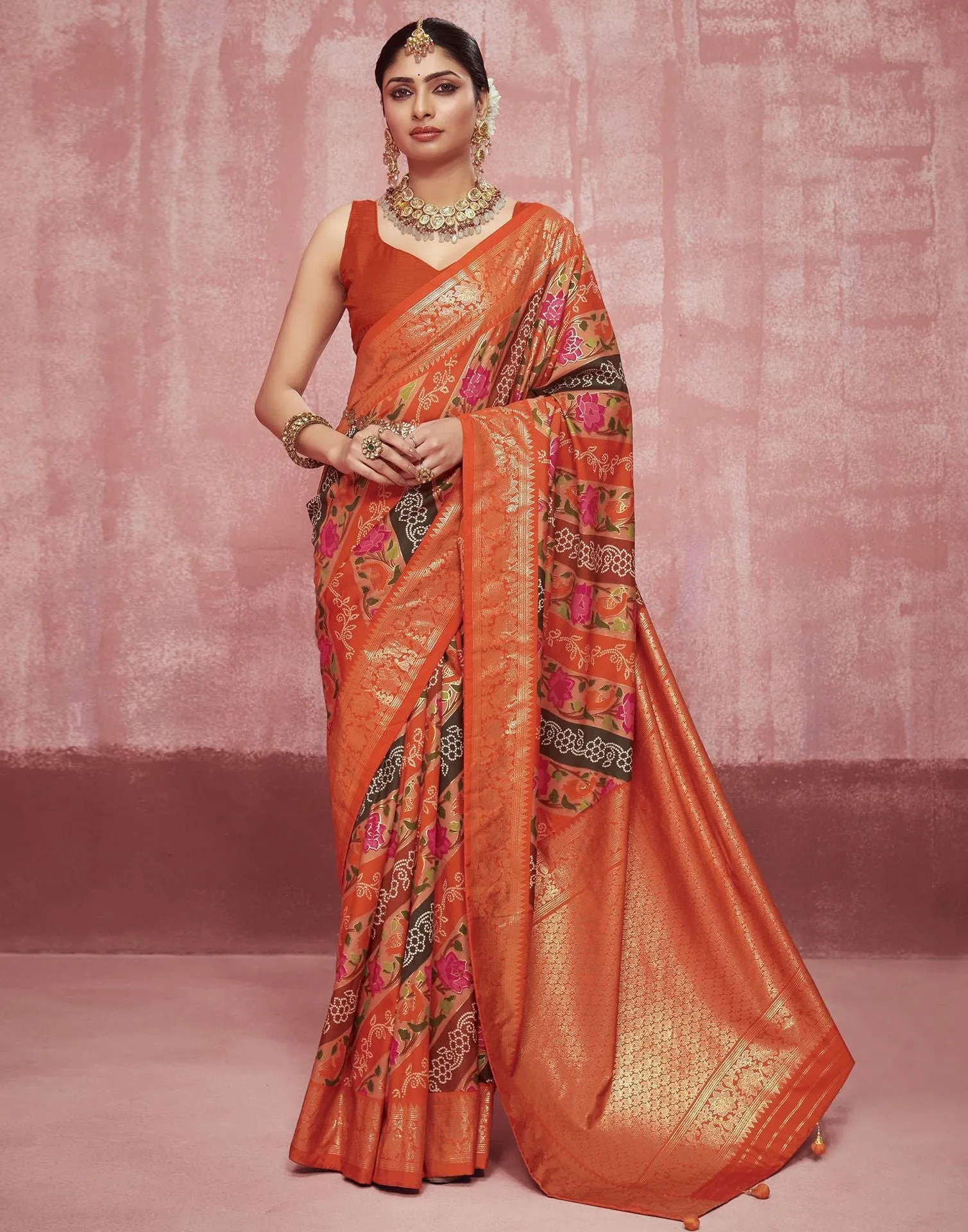 Rust Printed Silk Saree