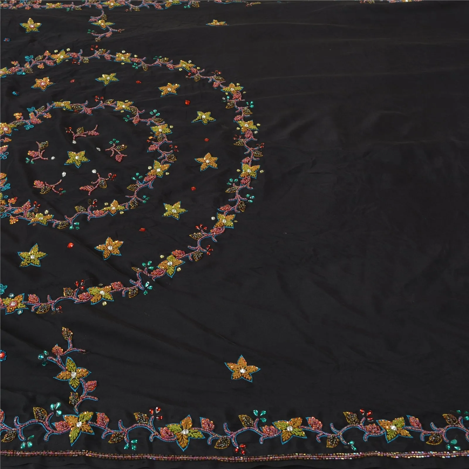 Sanskriti Vintage Black Bollywood Sarees Pure Crepe Silk Hand Beaded Sari Fabric