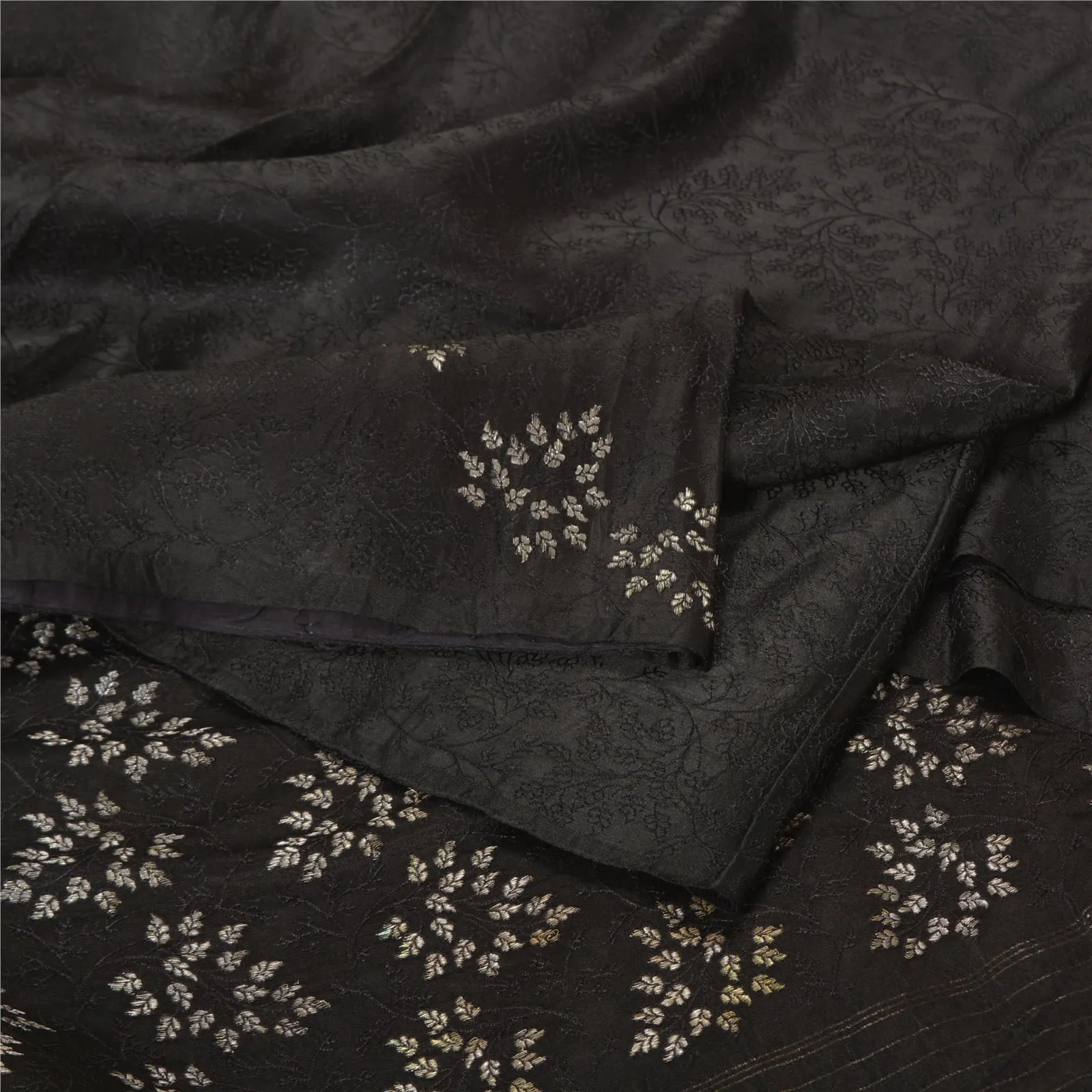 Sanskriti Vintage Black Sarees Pure Satin Woven Brocade/Banarasi Sari Fabric