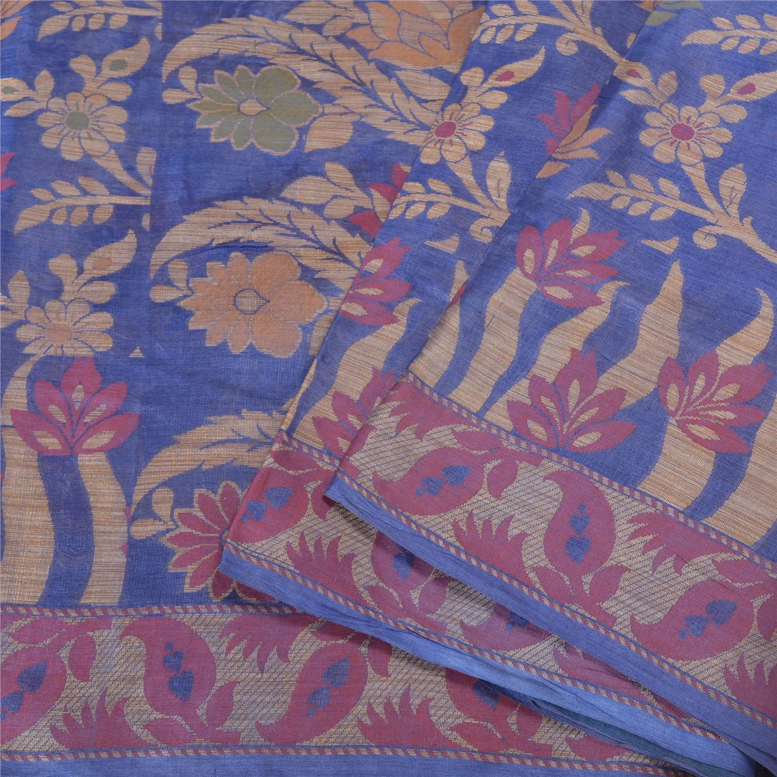 Sanskriti Vintage Blue Indian Sarees 100% Pure Silk Woven Sari 5 YD Craft Fabric