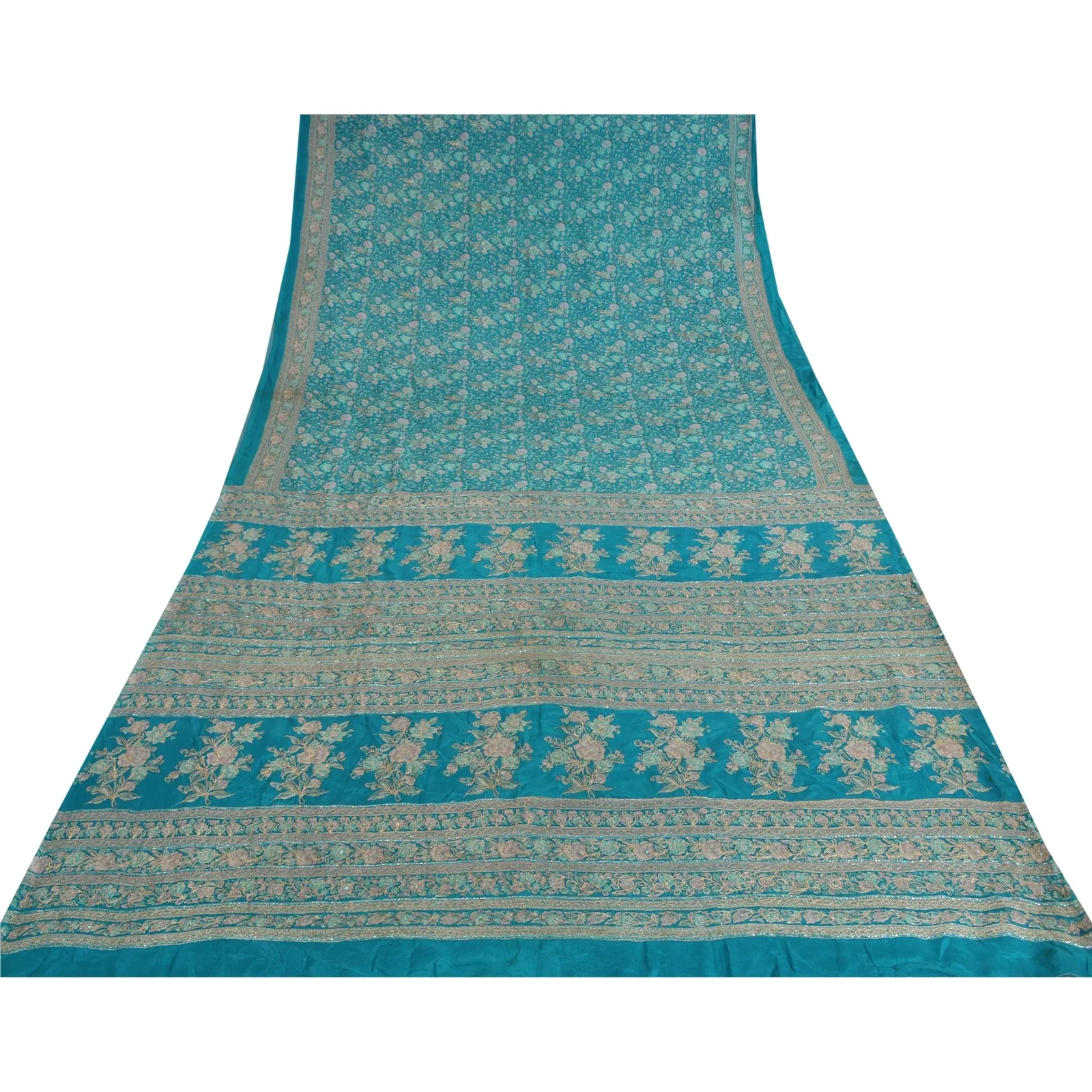 Sanskriti Vintage Blue Sarees Pure Silk Hand Beaded Premium Sari Craft Fabric